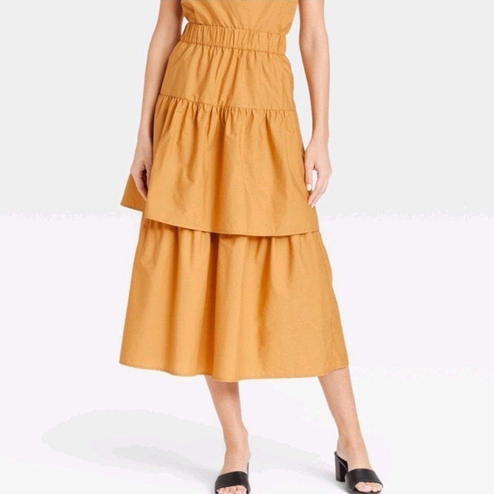 WOMEN'S midi pull on Tiered Skirt Who What Wear Dark Yellow XL NWT